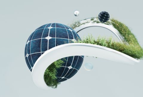 Eine Grafik mit einem Globus in der Mitte, der von einer Schlaufe umrundet wird, auf der B&auml;ume wachsen und andere Orbits herumfliegen