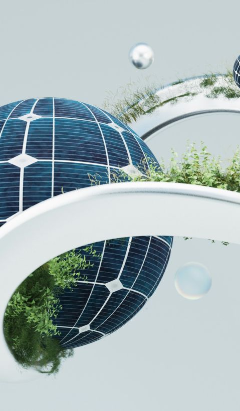 Eine Grafik mit einem Globus in der Mitte, der von einer Schlaufe umrundet wird, auf der Bäume wachsen und andere Orbits herumfliegen