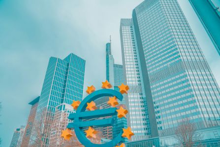 EUDR: Die EU-Verordnung für entwaldungsfreie Produkte – neue Entwicklungen im Koalitionsvertrag Grafisches Bild vom Euro-Zeichen im Vordergrund mit Skyscrapern im Hintergrund