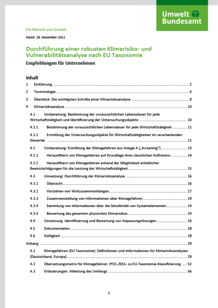 Inhaltsverzeichnis von Durchführung einer robusten Klimarisiko- und Vulnerabilitätsanalyse nach EU Taxonomie - Empfehlungen für Unternehmen